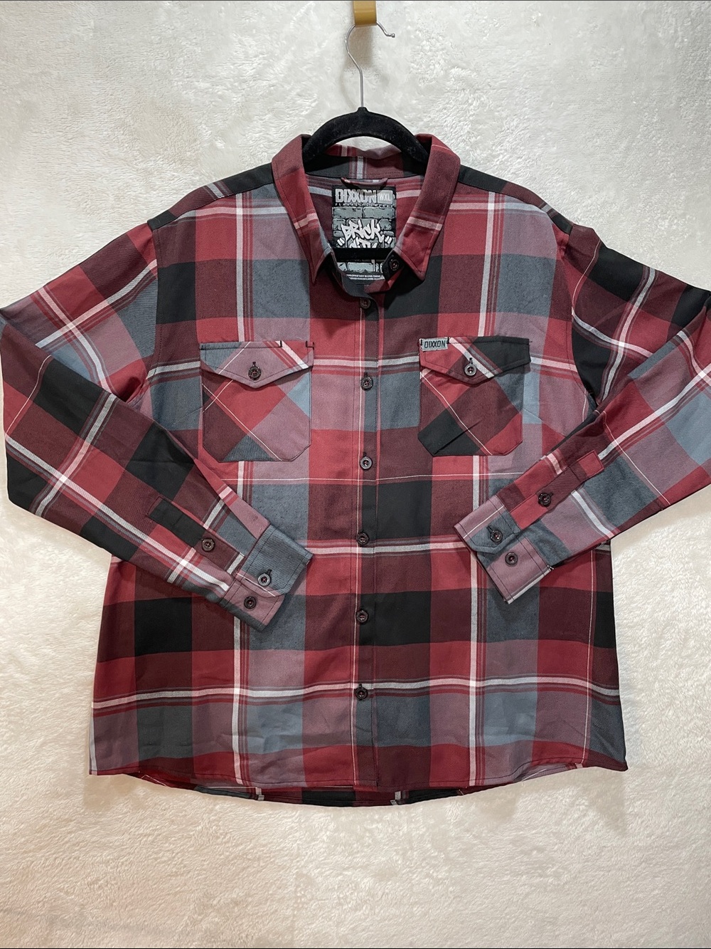 DIXXON Brick City D-Tech Women’s XL Maroon, Black, Gray Plaid Button-Up Shirt